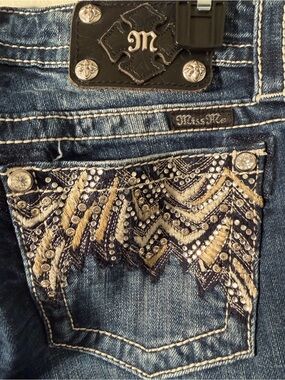 Miss Me Blue Denim Bootcut Jeans with Gold & Silver Embroidery
